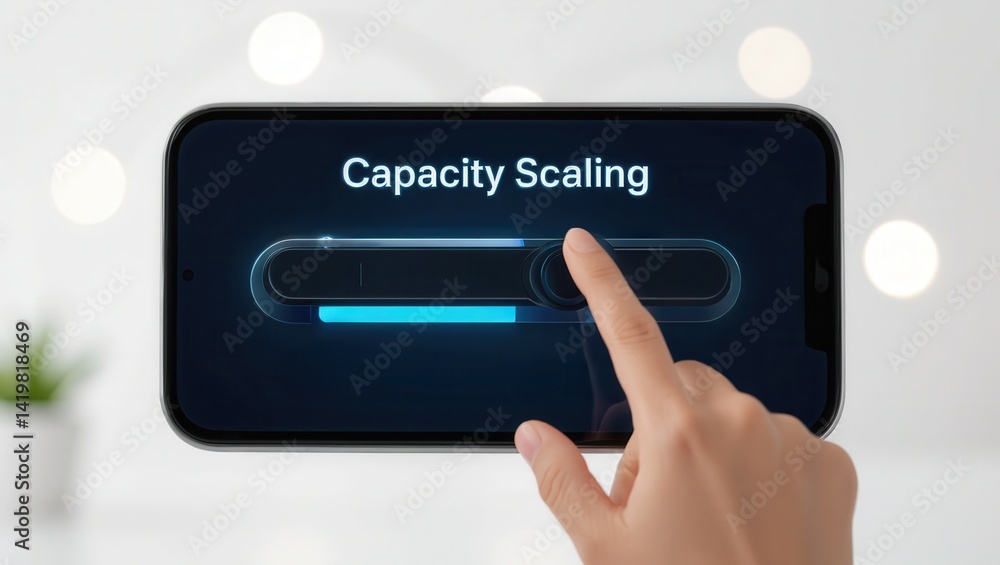 Poster scalable operations powered by strategic business planning concept. hand adjusting a digital slider 