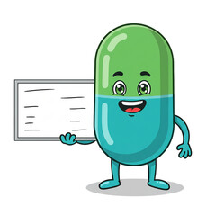 3D Pill Mascot Explaining with Pointer and Whiteboard Isolated on White Background
