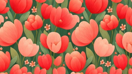 Vibrant floral pattern featuring red and pink tulips among green leaves and small flowers.