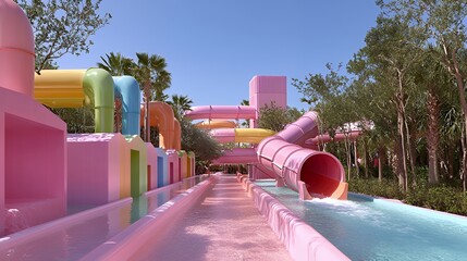 Vibrant waterpark slides in sunny setting
