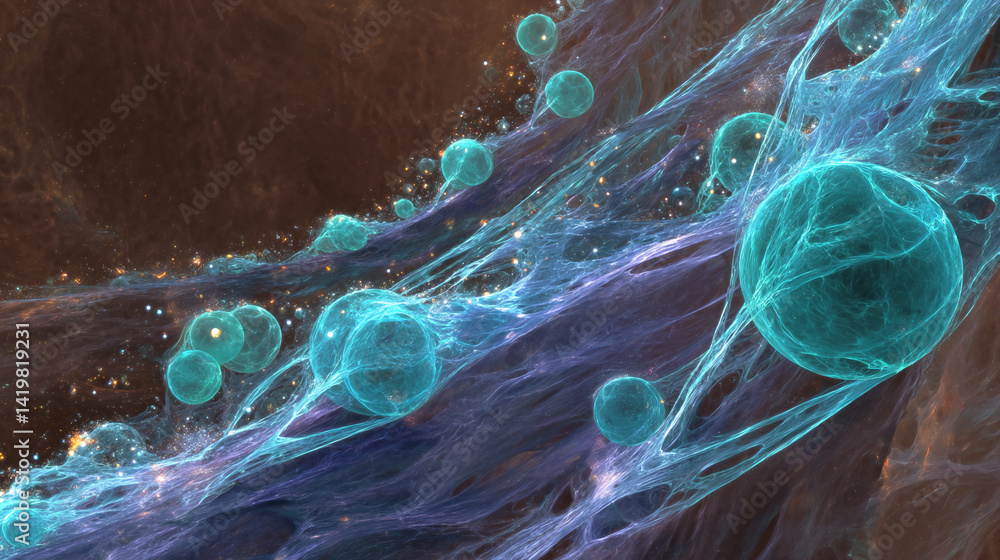 Poster abstract image of glowing teal spheres within a swirling, translucent network, suggesting cosmic ene