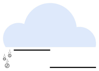 Fototapeta premium Large blue cloud above falling dollar symbols representing financial growth and cloud computing. Ideal for technology, finance, cloud storage, digital investment, financial management, cost