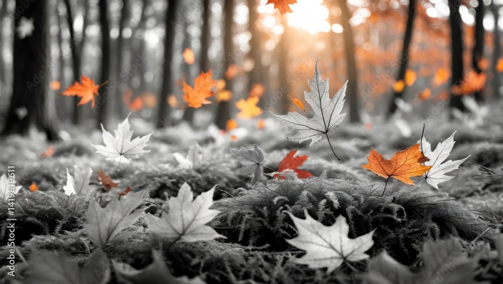 Poster falling maple leaves in autumn forest with selective color effect