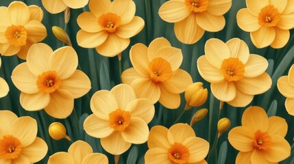 Fototapeta premium Vibrant yellow flowers bloom against a dark background, creating a striking visual contrast.