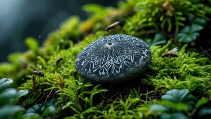 Decorated Stone Resting on Moss with Insects Flying Around