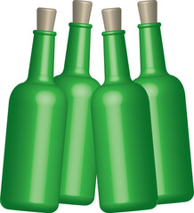 Four green wine bottles with corks