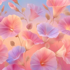 Colorful floral pattern with delicate lines and a gradient background of pink and blue hues.