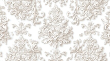 Damask Wallpaper Design Elegant Embossed Texture High-resolution Seamless Pattern Close-up Detailed View Ornate Floral Motifs White Background Soft Neutral Hues Ideal for Home Decor