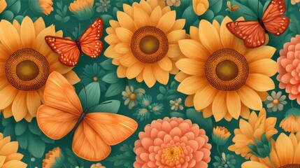 Vibrant illustration of sunflowers and butterflies on a green background.