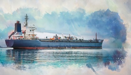 Serene Watercolor of an Oil Tanker in Calm Ocean