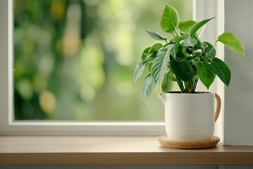 Watering houseplants, natural light, calm feeling 