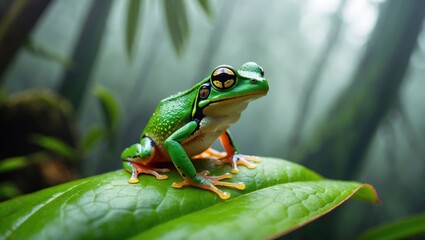 Fototapeta premium Green Frog Sitting on Leaf in Misty Tropical Forest Environment