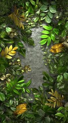 Fototapeta premium Lush tropical foliage frames a textured gray center, creating a natural, inviting border. A vibrant, earthy composition