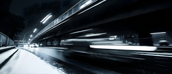 Blurry night scene of vehicles beneath an elevated structure.