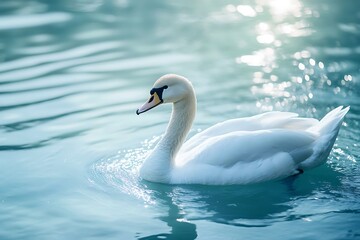 Obraz premium White Swan Swimming in Turquoise Water Illuminated by Sunlight Reflection