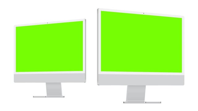 Animated Computer Monitors Mockup With Green Screens For Web Presentations, Isolated On White Background