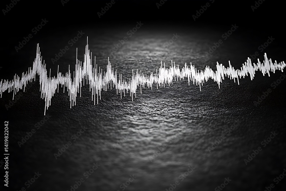 Poster white waveform displayed against dark textured surface illuminated with spotlight