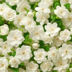 A cluster of delicate white flowers with lush green leaves in a vibrant display.