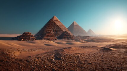 Ancient pyramids in desert landscape