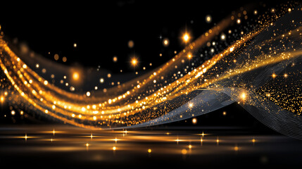 Fototapeta premium Golden Sparkles: Abstract design with luminous golden particles and bokeh effect flowing in an elegant wave, against a black background. 