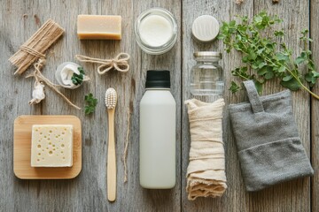 Eco-friendly personal care items displayed on a rustic wooden surface.