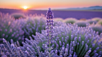 Obraz premium Lavender Field at Sunset with Blooming Flowers and Warm Light