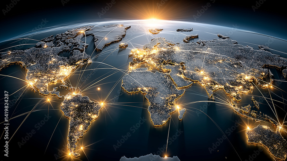 Poster global network: a mesmerizing aerial view showcasing a interconnected network of lights illuminates 