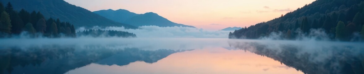 Obraz premium Softly glowing mist rises from serene lake waters, mist, calm, tranquility