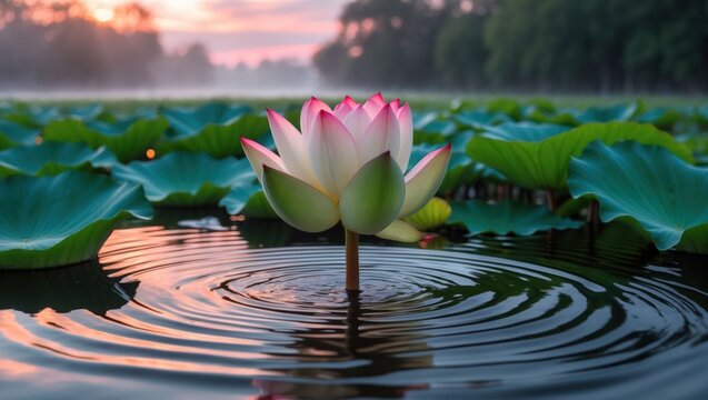 Lotus Flower Rising from Water at Sunrise with Circular Ripples