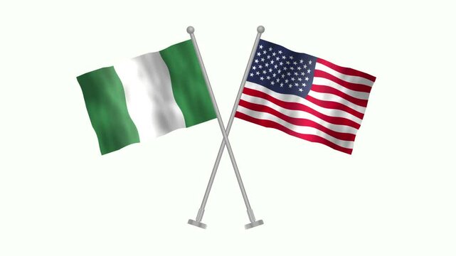 Flag of Nigeria and USA, Cross table flag of Nigeria and USA on white screen, Nigeria and USA 3D Animation flag waving in the wind isolated on white Background. 
