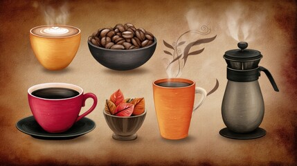 Autumn Coffee Still Life Warm toned Cups, Beans and Leaves on Brown Background