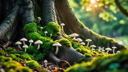 Mushrooms Growing on Mossy Tree Root in Forest with Sunlight