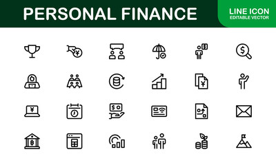 Essential Personal Finance Icon Set Vector Illustration. Includes Icons for Savings, Loans, Credit, and Financial Planning for Money Management Designs