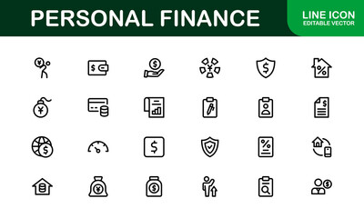 Essential Personal Finance Icon Set Vector Illustration. Includes Icons for Savings, Loans, Credit, and Financial Planning for Money Management Designs