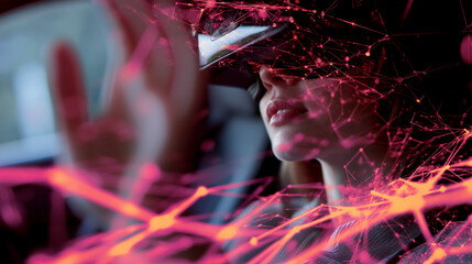 Woman wearing VR headset, immersed in a digital world, symbolized by vibrant pink and orange network overlay, showcasing technology and virtual reality