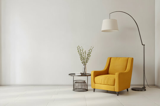 Cozy Interior Design: A stylish reading nook radiates modern elegance. A sunny yellow armchair, a sleek table, an arc floor lamp and a delicate vase adorn the setting.