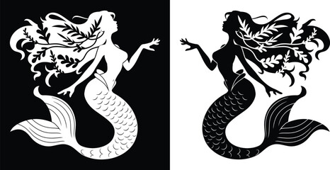 Elegant Mermaid Vector in Black and White Versions