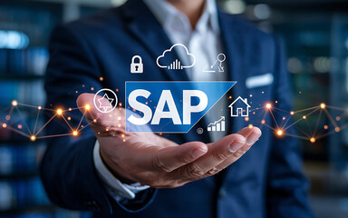 SAP Technology Solutions Concept Man Holding SAP Logo with Cloud, Security, and Growth Icons on Network Background