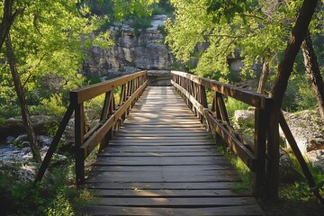 Obraz premium Wooden Bridge Spanning Across River In Lush Green Forest With Sunlight And Natural Scenery