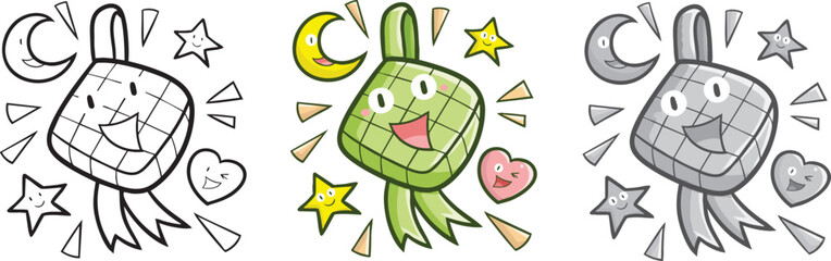 Funny ketupat, star, moon, and heart cartoon character in three colors version