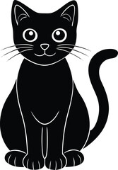 Obraz premium cute sitting solid black silhouette vector icon, coloring page lineart vector, black cat vector, black cat vector illustration, black and white cat on white background.