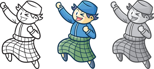 Funny muslim boy with blue green wardrobe jumping happily cartoon illustration in three colors version
