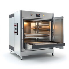 Open industrial oven with stainless steel.