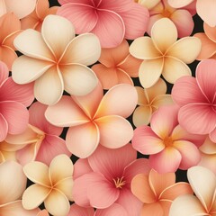 Vibrant floral pattern featuring multi-colored plumeria flowers on a dark background.