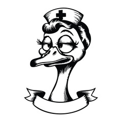 Black and White Ducky Duty Cartoon Illustration Design with Blank Banner
