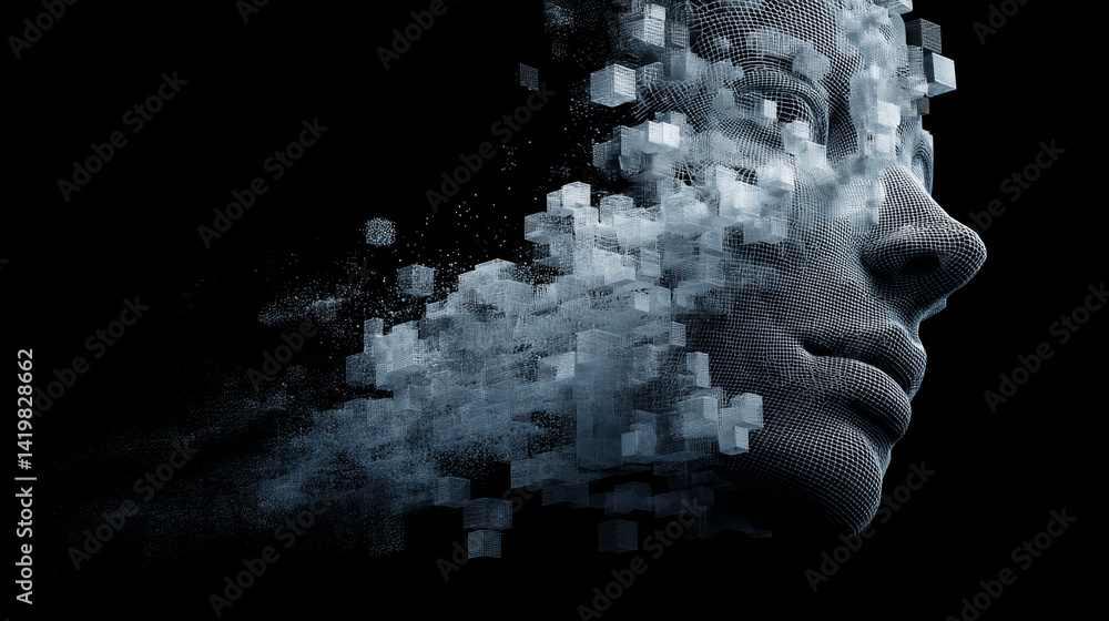 Poster wireframe profile of a face disintegrating into digital cubes, set against a black background, symbo