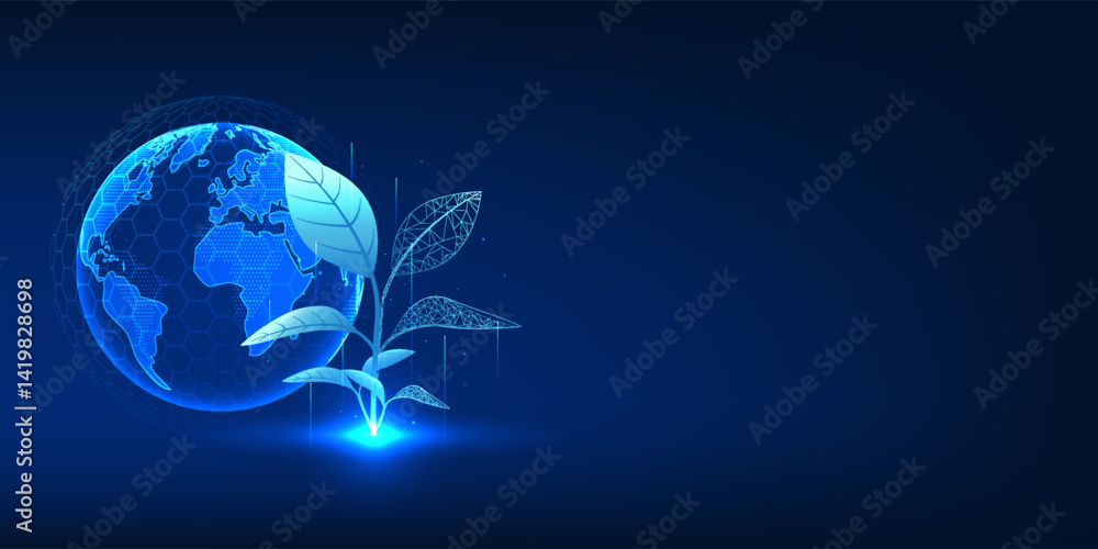 Poster tree combined with technological elements, with a globe in the background, representing the environm