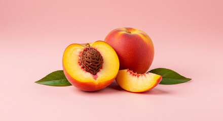 Still life of peaches with leaves on a pink background showcasing a cut peach and peach slice