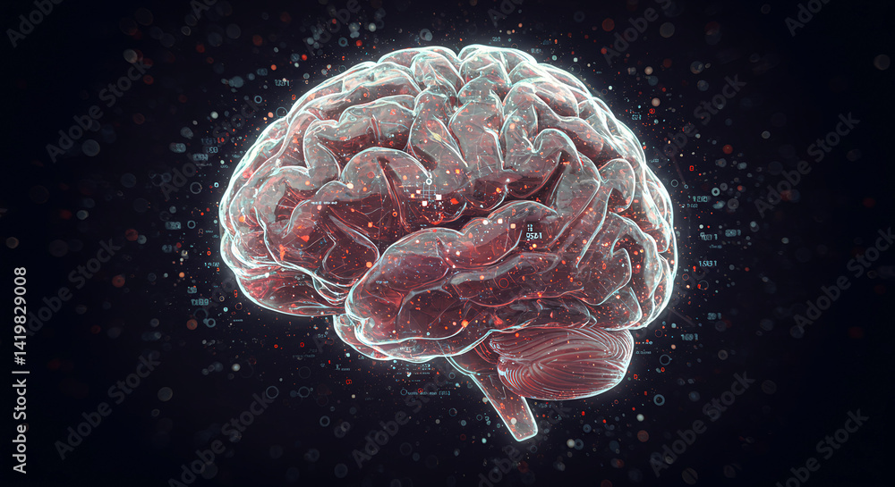 Poster human brain digital visualization with data particles on dark background