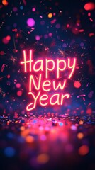 Happy New Year neon sign with festive bokeh lights, adding an element of sparkle and celebration. The image is filled with colorful lights, the perfect background for the new year